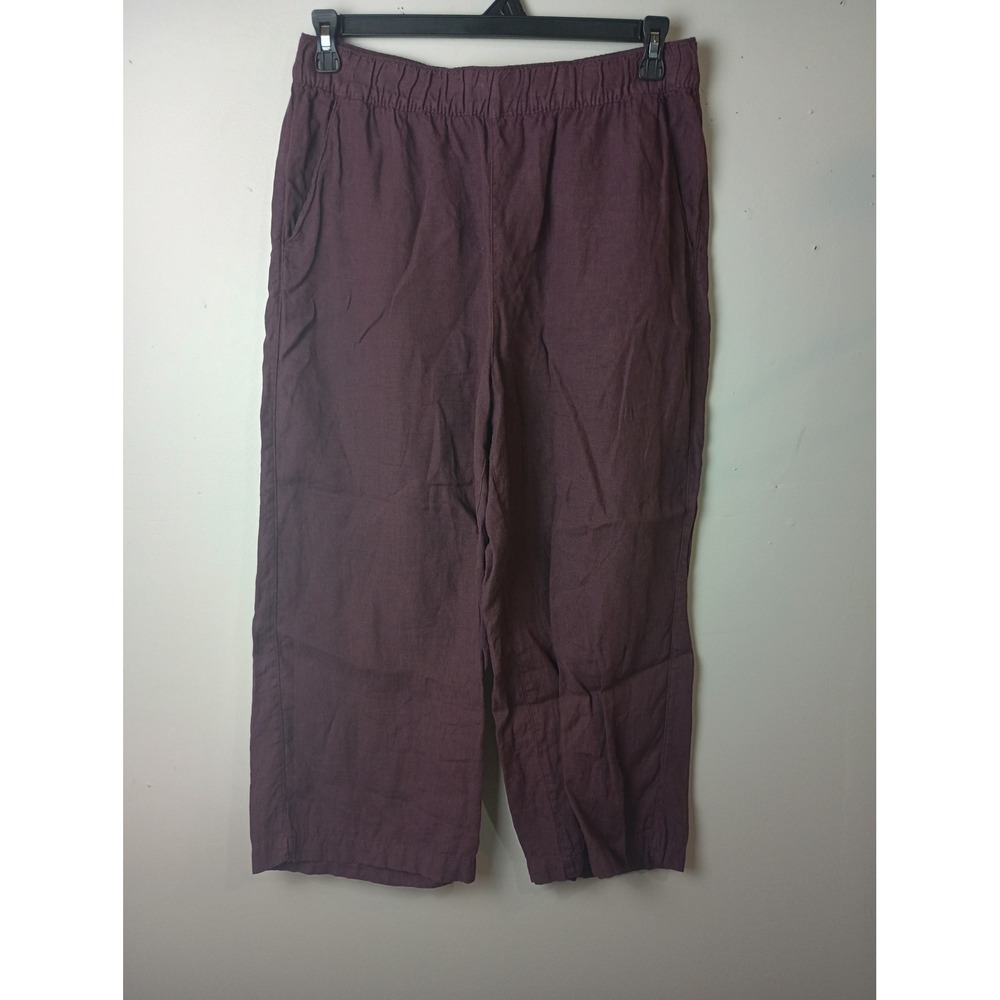Tahari Womens Burgundy 100% Linen Elastic Waist Wide Leg Cropped Pants Size L